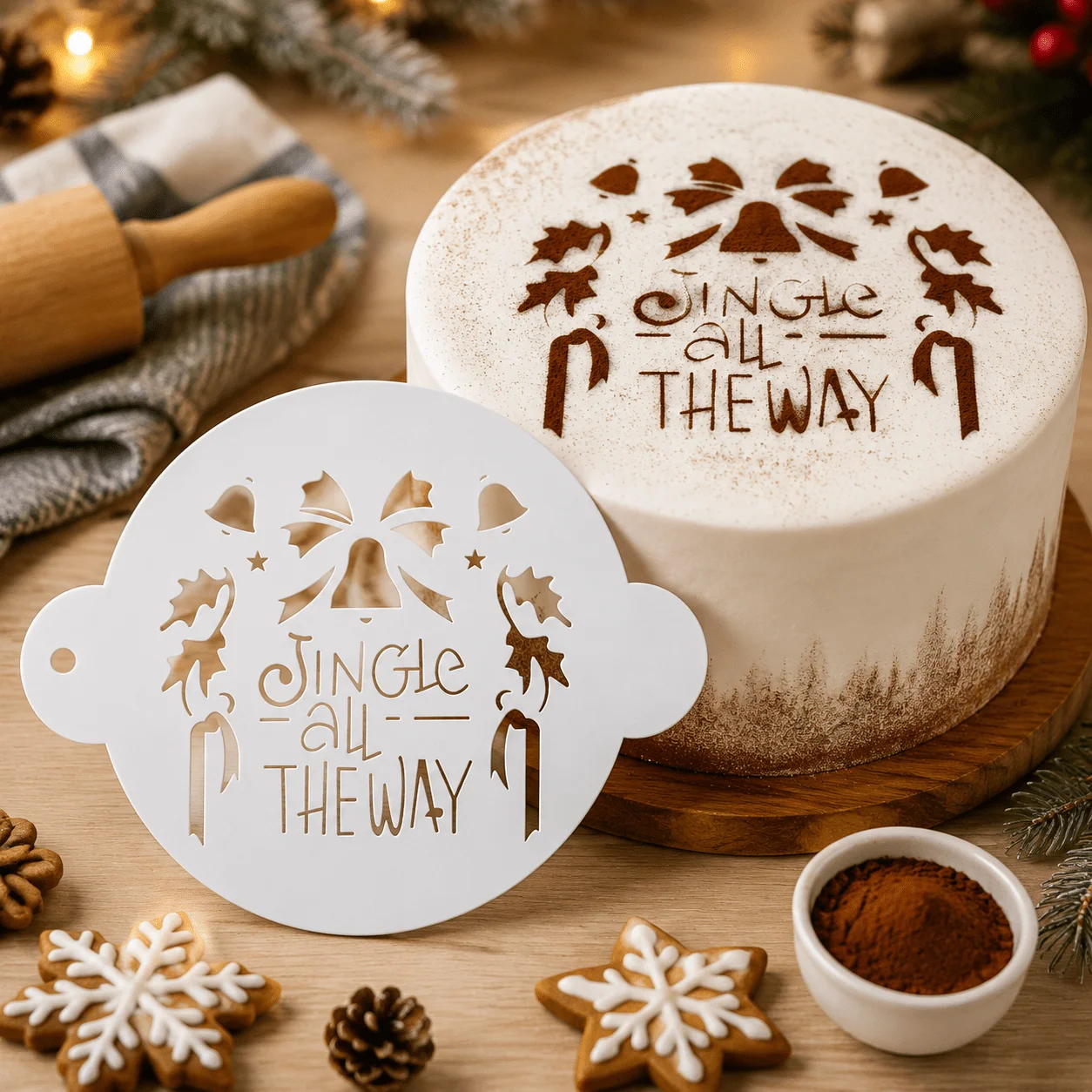 Food‑Grade PET 1Pcs Christmas Bell Bow Holly Ribbon Cake Stencil, Reusable Hollow Template for Cake Cookie Fondant Party Decor
