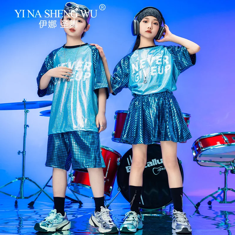 Kids Blue Sequins Performance Set Boys and Girls Hip Hop Street Dance Performance Clothes Stage Catwalk Student Cheerleader Suit
