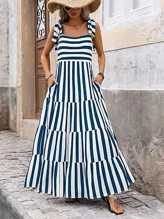 

Summer New Fashion Vestidos Stripe Women Sling Dress Temperament Square Neck Female Long Dresses