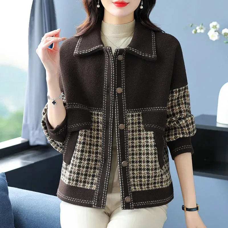 

Autumn and Winter New Mink Woolen Style Plus Velvet Jacket Autumn Women's Cardigan Button Print Versatile Cardigan