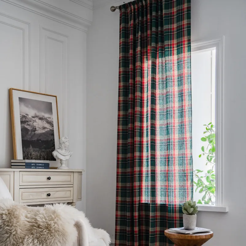 Christmas Retro Plaid Cotton Linen Home Window Curtain Thick Blackout Drapes Bay Window Curtains for The Living Room