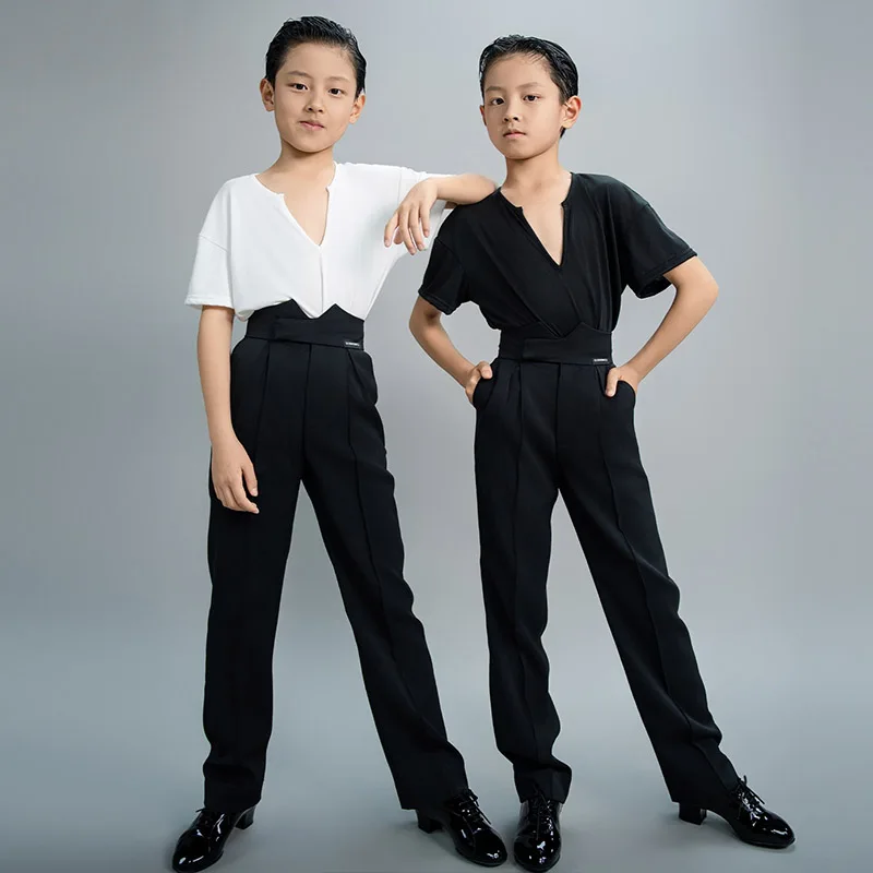 Latin Dancewear Top Boys Black Loose Short Sleeve Tops Pants Set Rumba Cha Cha Performance Wear White Training Clothes VDL3606