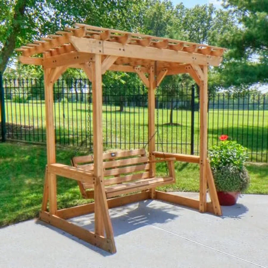 

Outdoor patio swing bench for porch, deck, garden; cedar wood; natural color; water resistance and 600 lb weight capacity