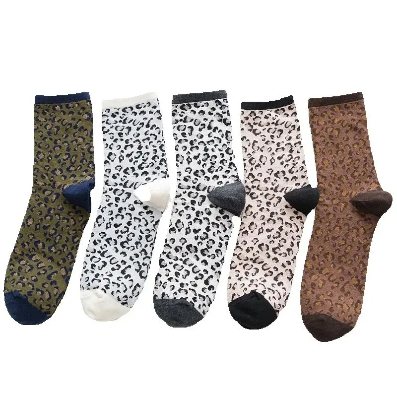 5 Pairs Women Cotton Socks Middle Tube Celebrity Personality Fashion Sexy Leopard Print Cotton Tube Socks