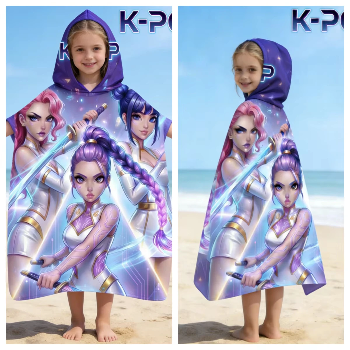 1 K Pop Ninja Girl Hooded Towel Single Sided 2D Print Microfiber Quick Dry Poncho for Beach Pool Bath Cool Anime Aesthetic Vibe