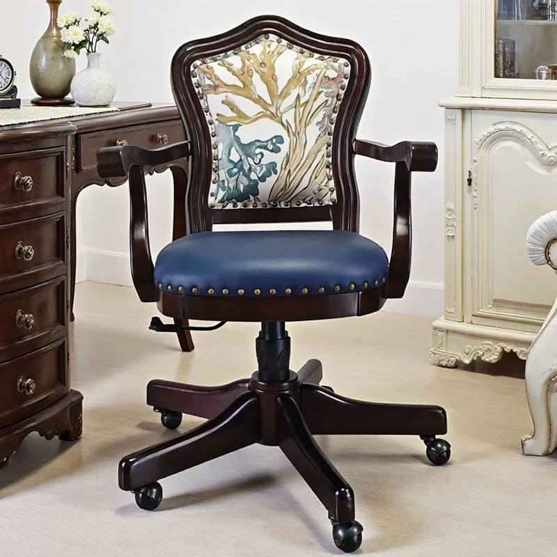 American solid wood computer chair household wheeled office chair rotating lifting desk chair learning desk char leather