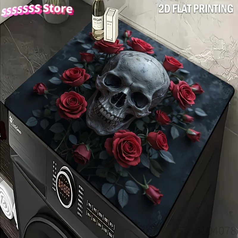 Dust Cover for Washing Machine, Featuring a 2D Flat Print of a Skeleton And Rose Design, Perfect for Halloween Gifts. This Abso