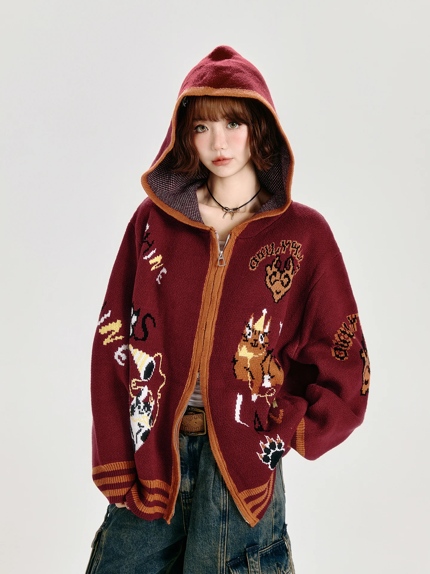 

Girly American Retro Animal Embroidery Sweater Jaet Women's Autumn Winter New Loose Soft Cozy Hooded Open Cardigan