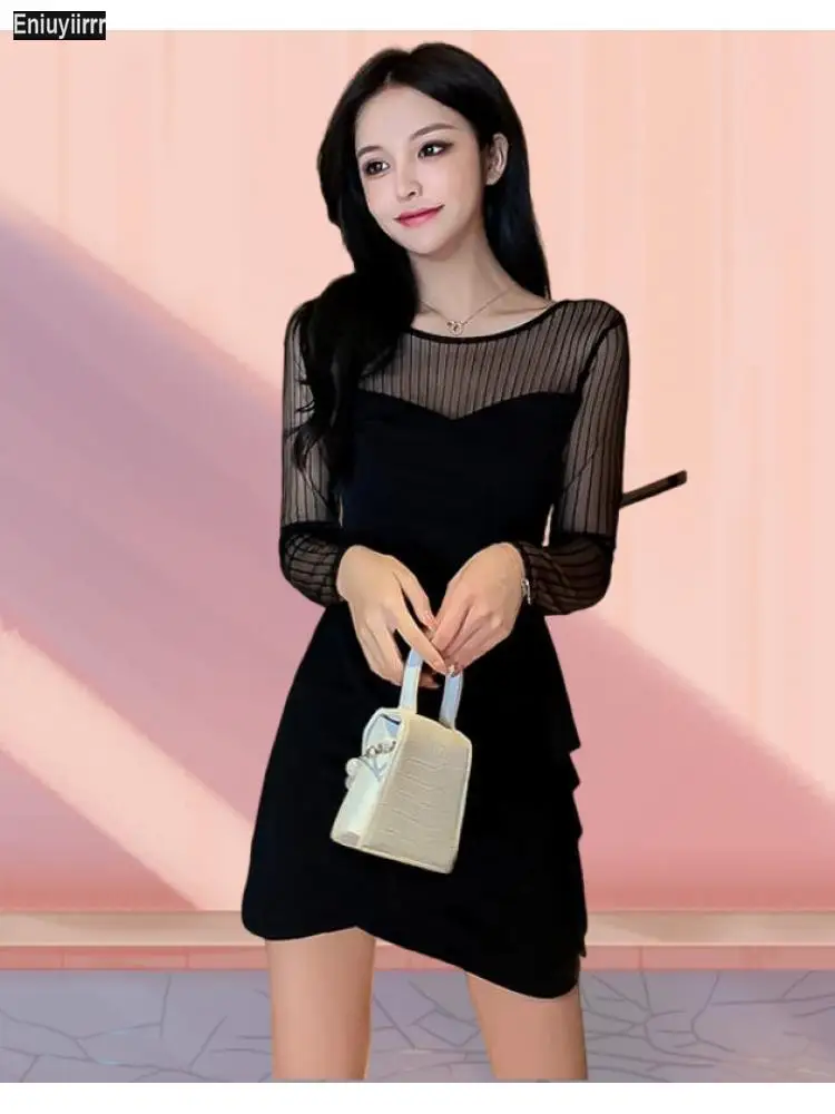 

Sheer Mesh Sleeve Christmas Dress Women French Style Design Sexy Little Black A Line Party Short Flared Dresses