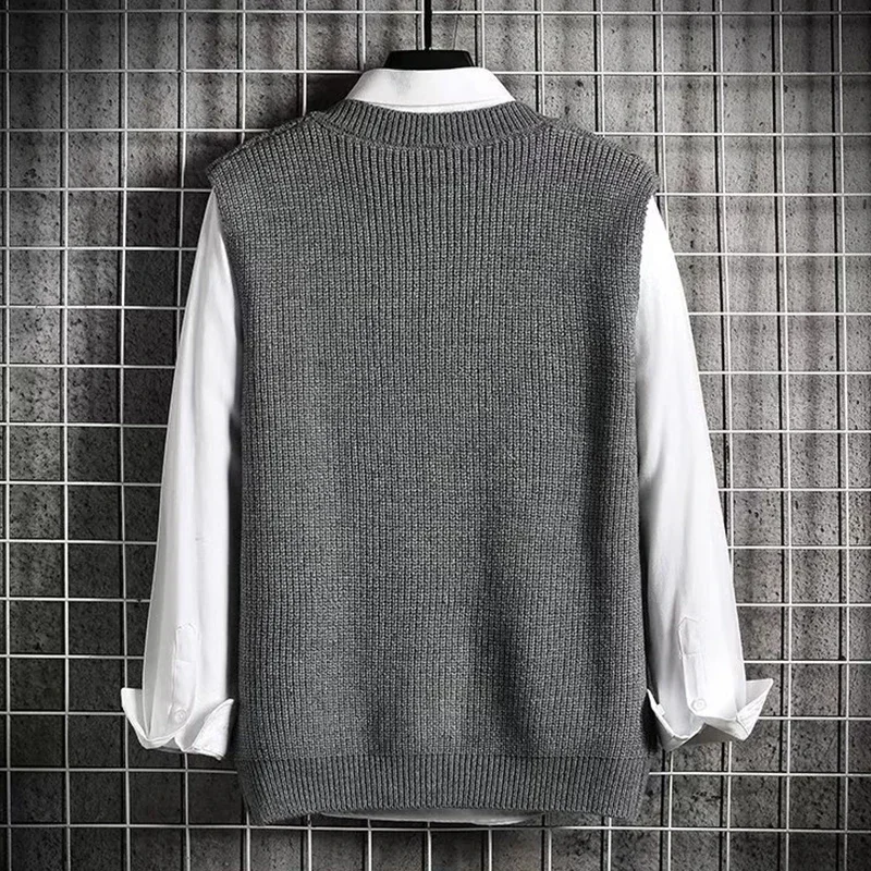 Mens Knitted Sweater Vest Sleeveless V-Neck Pullover Winter Warm Jumpers All-Match Solid Color Simple Fashion Streetwear Tops