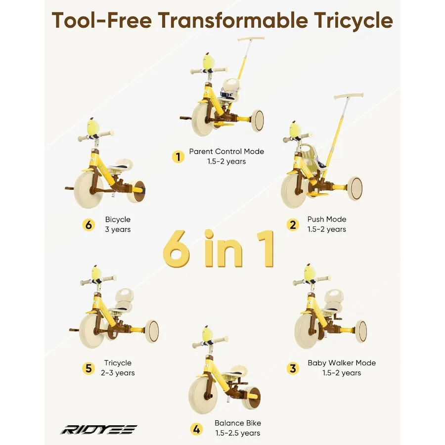 1.5세부터 3세까지 사용 가능한 5-in-1 유아용 세발자전거, 부모가 밀어주는 자전거, 도구 없이 변형 가능한 밸런스 바이크, 안전벨트 탈부착 가능