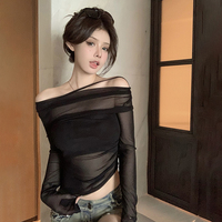 Long Sleeved Mesh T-Shirts For Women With Pure Desire Style Sun Protection Cover Up Tops Chest Wrapped Two-Piece Set