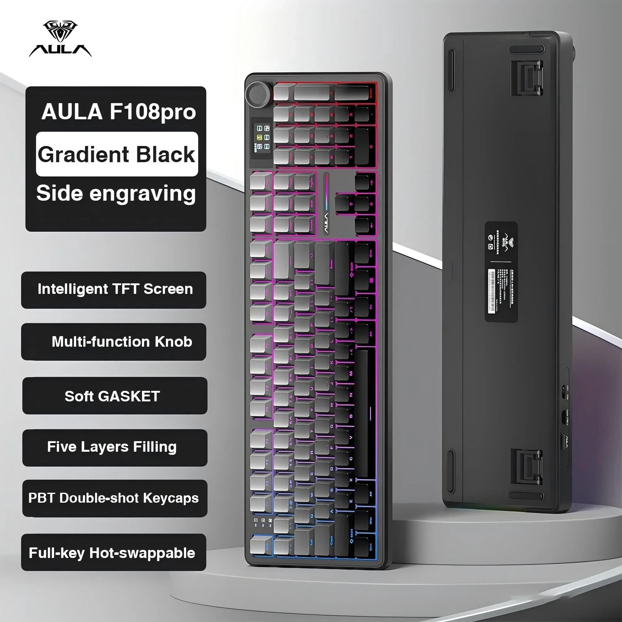 

AULA F108 PRO Mechanical Keyboard Custom Wireless Bluetooth Gaming Keyboard with Screen Knob RGB Backlight