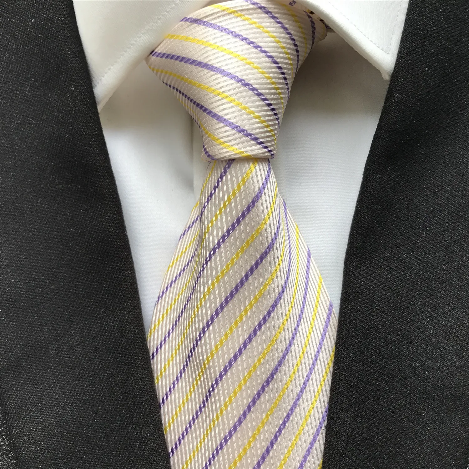 

10 cm Width Men's Ties High Quality Jacquard Woven Neck Tie Gravata Yellow with Purple Stripes