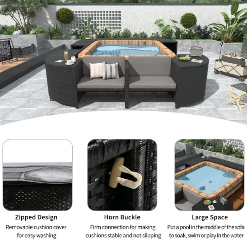 Frame Quadrilateral Outdoor Rattan Sectional Sofa Set With Mini Sofa, Wooden Seats And Storage Spaces, Grey