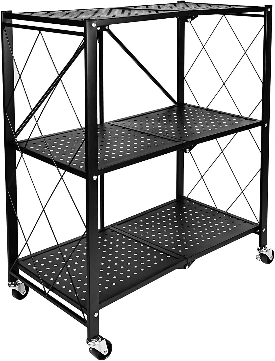 

3-Tier Heavy Duty Foldable Metal Rack Shelving Unit with Wheels Moving Easily Organizer Shelves Great for Garage Kitchen Holds