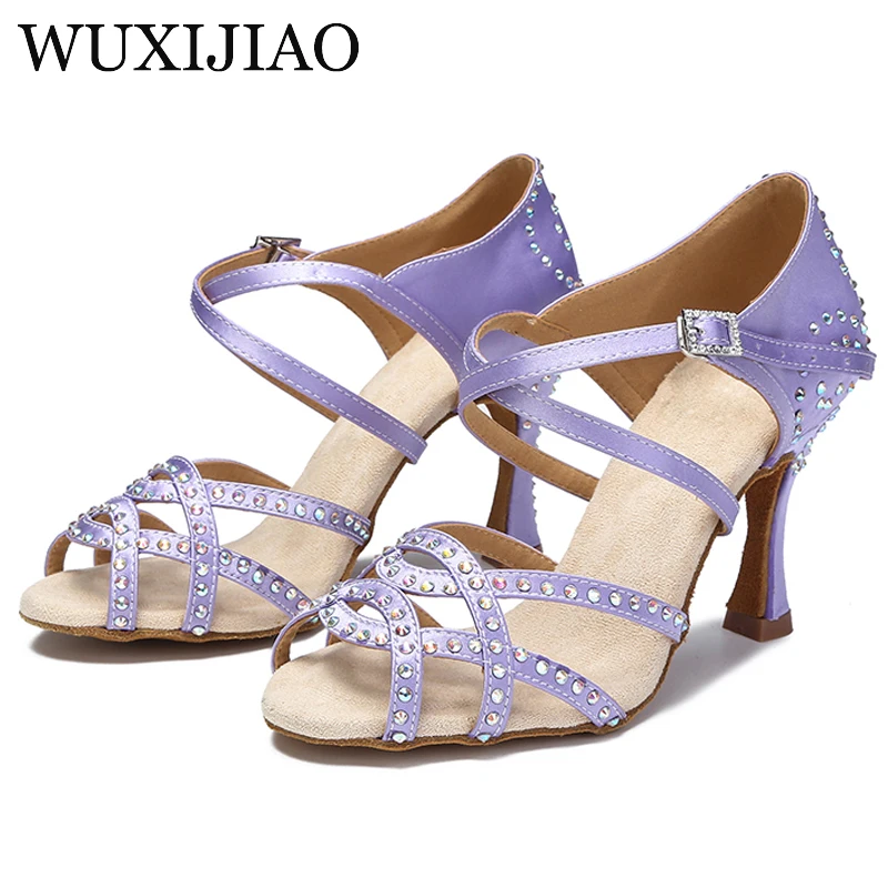 WUXIJIAO Latin dance shoes women fluorescent green satin salsa shoes girls ballroom  sports sandals rhinestone heels