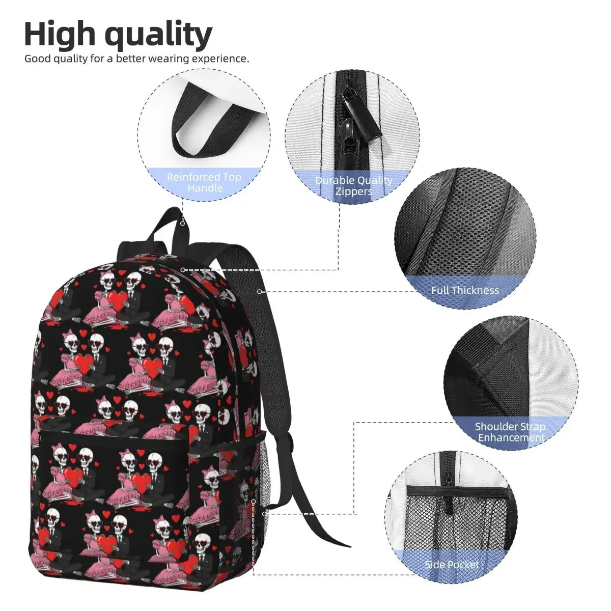 Gothic Black Skeleton Hug A Heart Backpack Daypack Large Capacity Boys Girls BookBag School Bag Shoulder Bags for Men Women