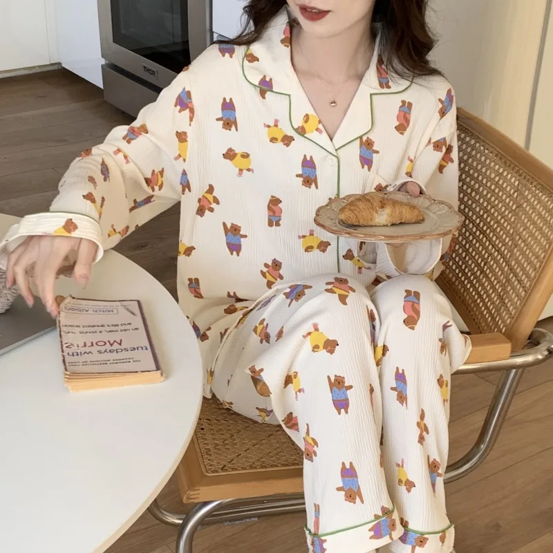 Spring and Autumn Ladies Imitation Cotton Wrinkled Lapel Cardigan Long-Sleeved Pajamas Set College Style Sweet Cute Loose Homewe