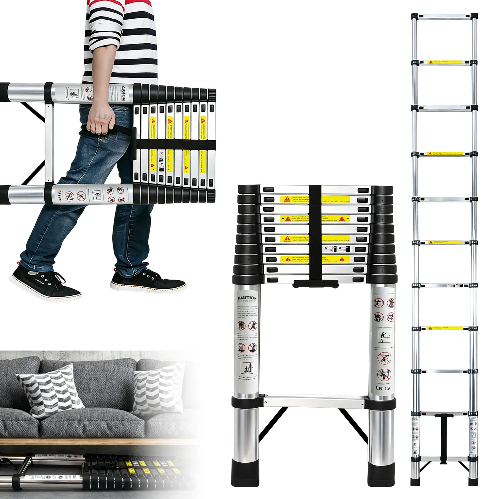 Escalera Telescópica Multiusos de Acero Inoxidable, 2.6-4.4M, Capacidad de Carga 330LB, Diseño 3 en 1 Compacto, Plegable y Antideslizante para Interiores