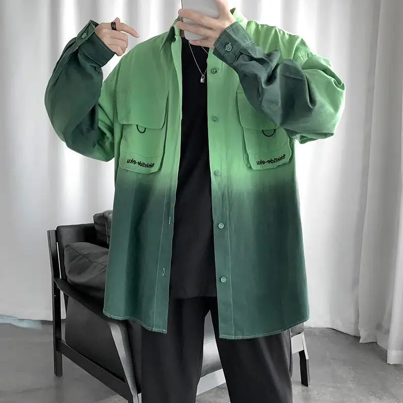 spring autumn new Turn-down Collar Long Sleeve fashion shirt man High street Button pocket patchwork Cardigan Contrast color top