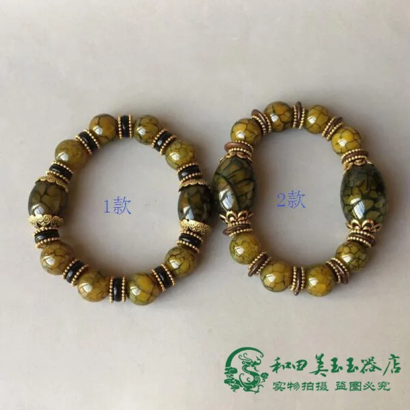 Fashion New Natural Genuine to Pure Chalcedony Rough Stone Poly Dragon Pattern Barrel Shaped Bead Bracelet