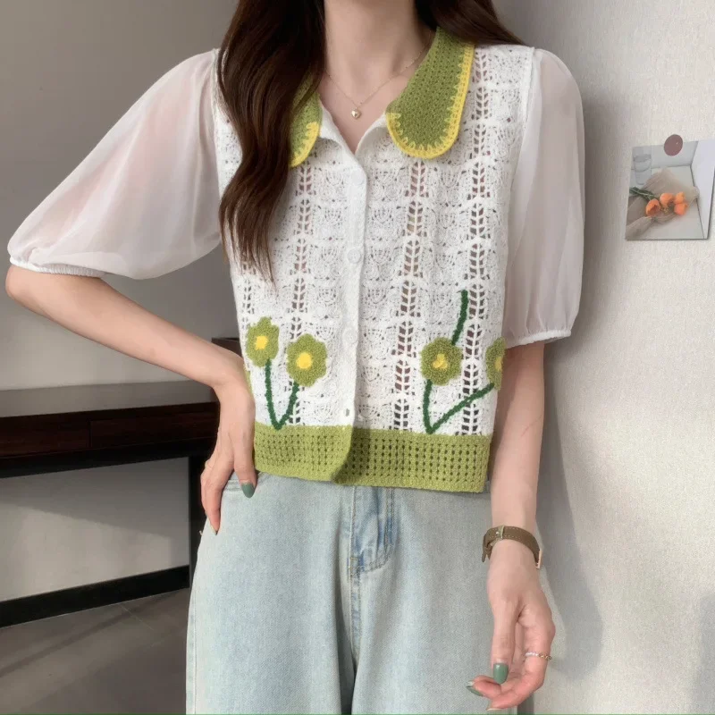 

Ladies Short Thin Hollow Fashion Knit Sweater Summer Flower Chiffon Puff Sleeve Top Knit Lapel Collar Cardigan Sweater Women