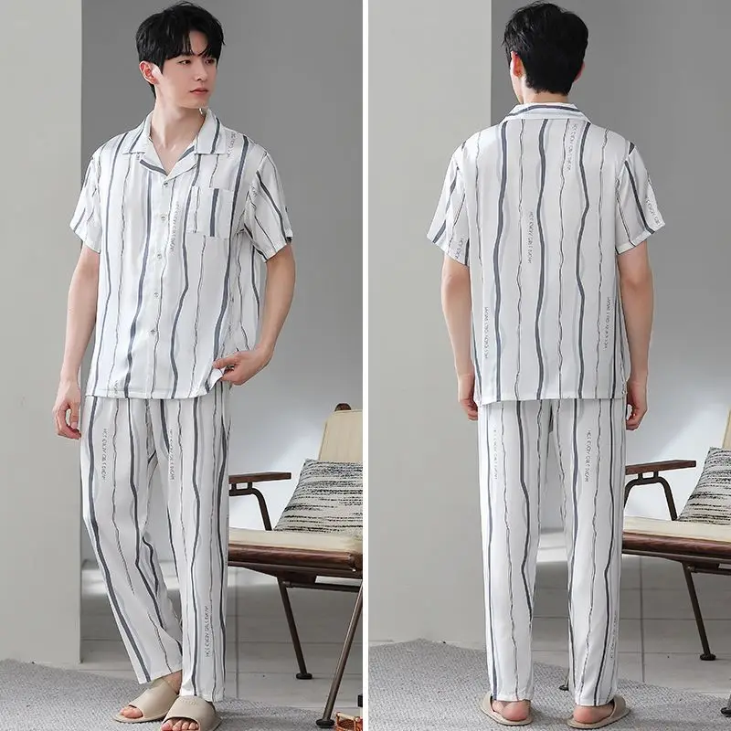 Summer New Men's Pajamas Ice Silk Short-sleeved Trousers Cardigan Set Silk Loose Can Be Worn Outside Large Size Loungewear