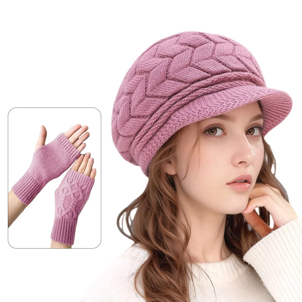 2PCS/Set Winter Fleece Women Hats Gloves Set Warm Ear Protection Winter Warm Mitten Windproof Soft Beanie Cap Gloves for Women