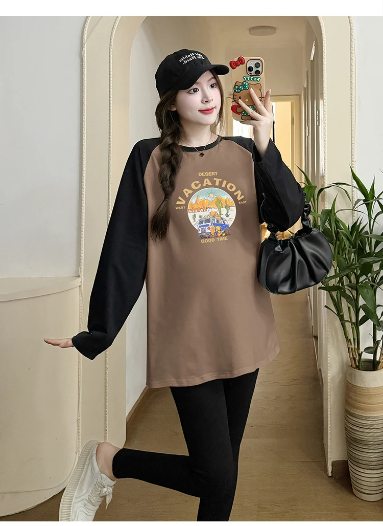 Korean Style Batwing Sleeve Maternity Cotton Shirts Long Sleeve O-Neck Pregnant Woman Blouses Irregular T-Shirts Tees and Tops