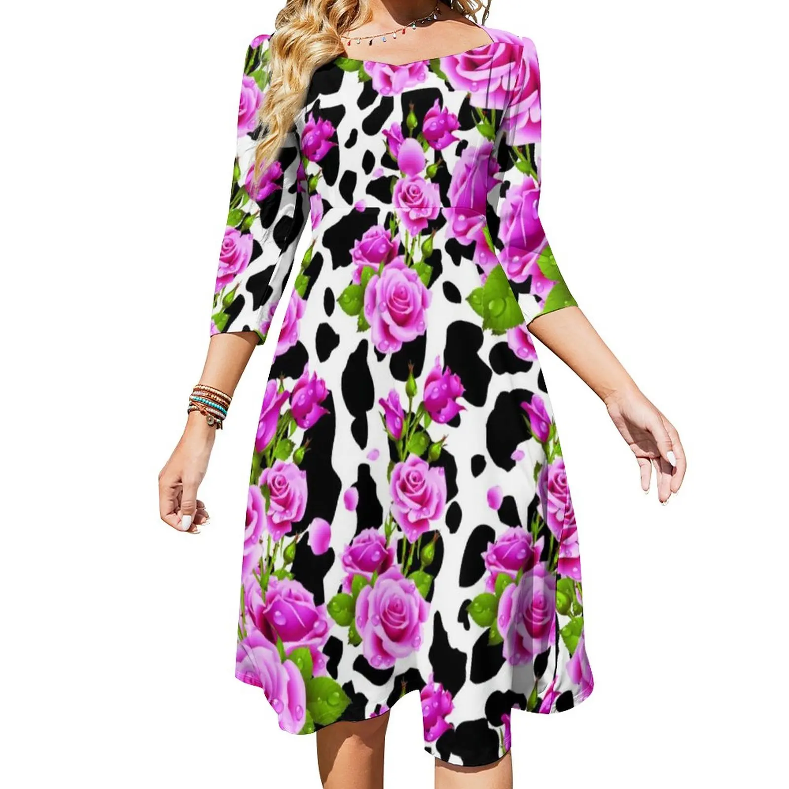 Cow Print Roses Placed Dress Cow Spots Flower Vintage Dresses Summer Square Collar Streetwear Casual Dress With Bow Plus Size