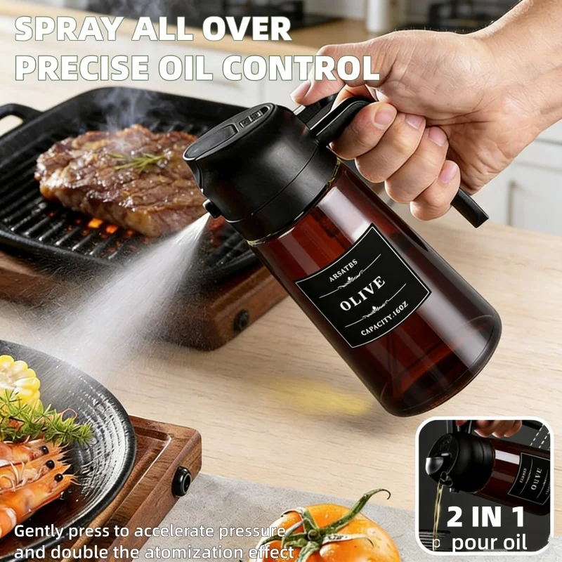 470ml Olive Oil Dispenser, Cooking Sprayer 2-in-1 Spray and Pour, Leak-Proof Eco-Friendly Thick Glass Spray Bottle for Cooking