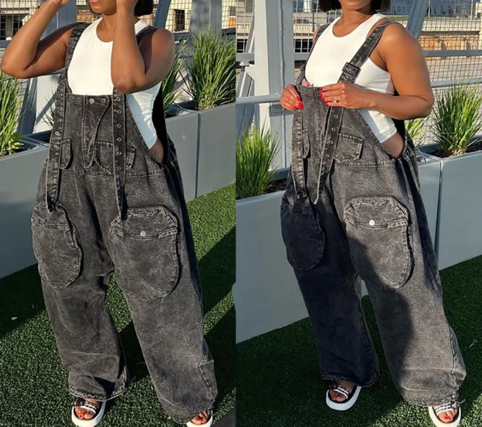 

Women's Denim Jumpsuits Spaghetti Strap Cross Sleeveless V Neck Pockets High Waist Straight Pant Casual Baggy Rompers Overalls