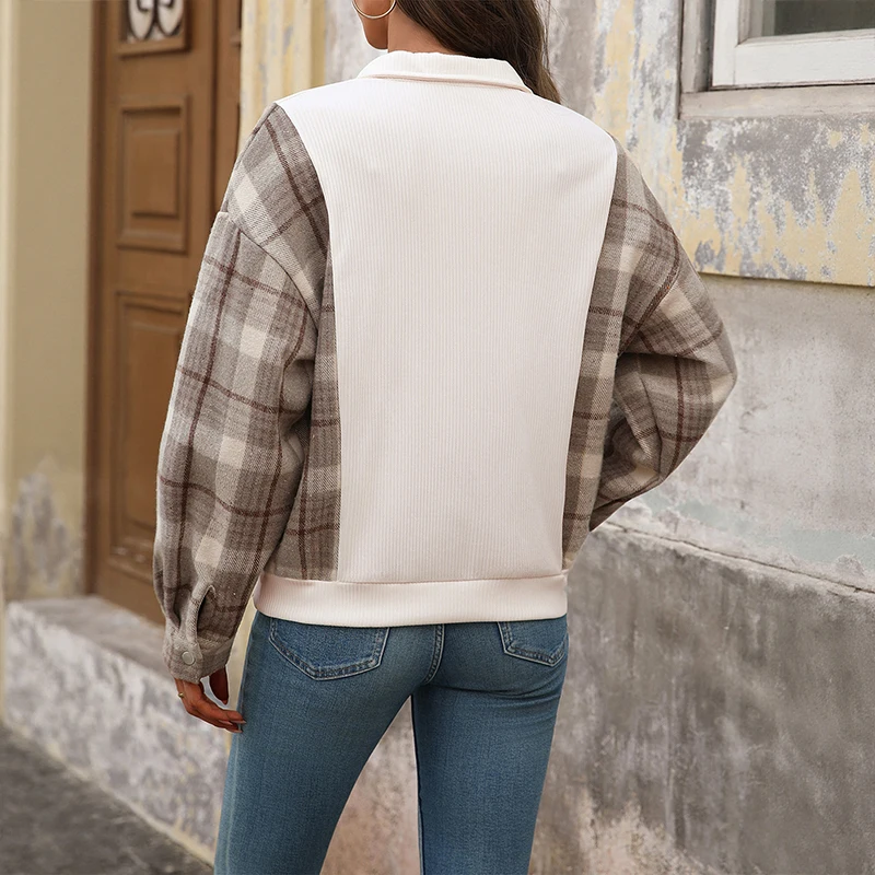 Crèmewit geruit sweatshirt met contrasterend paneel voor dames, casual losse trui met halve knop en ronde hals en lange mouwen