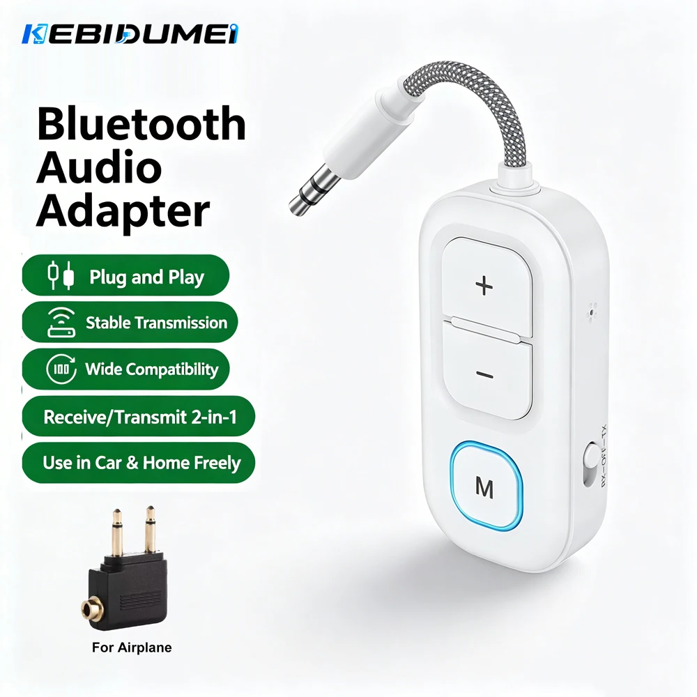 Image of KEBIDUMEI Bluetooth 6.0 Audio-Sender-Empfänger, 3,5 mm AUX, Hifi-Stereo-Musik-Wireless-Adapter mit Mikrofon für Auto, Flugzeug, TV, PC
