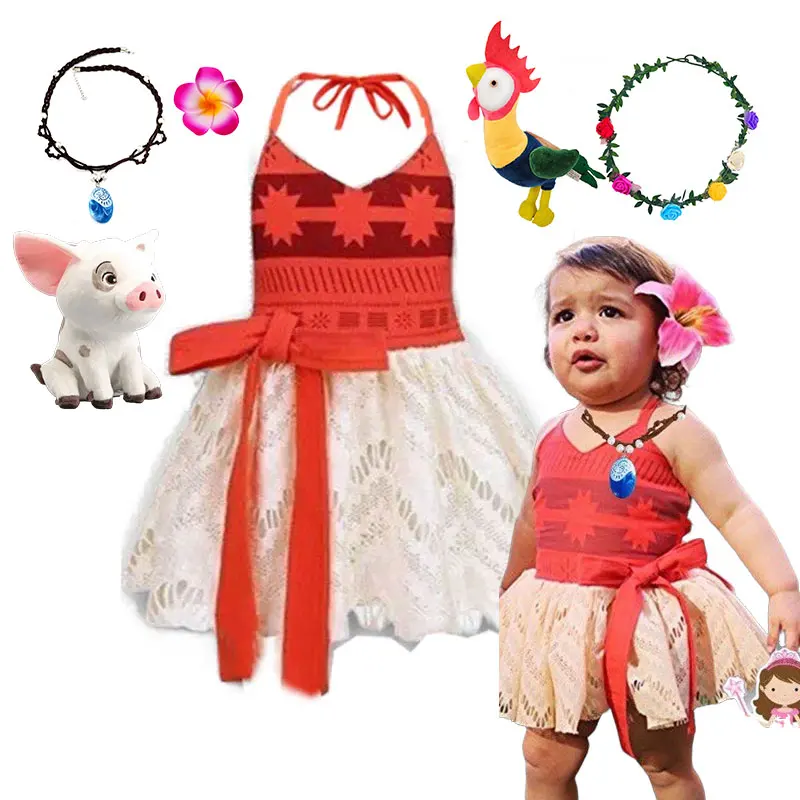 Summer Halter Dress for 2024 Moana Design Princess Frock Girls Role Play Costume Vaiana Robe Baby 1-6 Yrs Toddler Casual Gowns