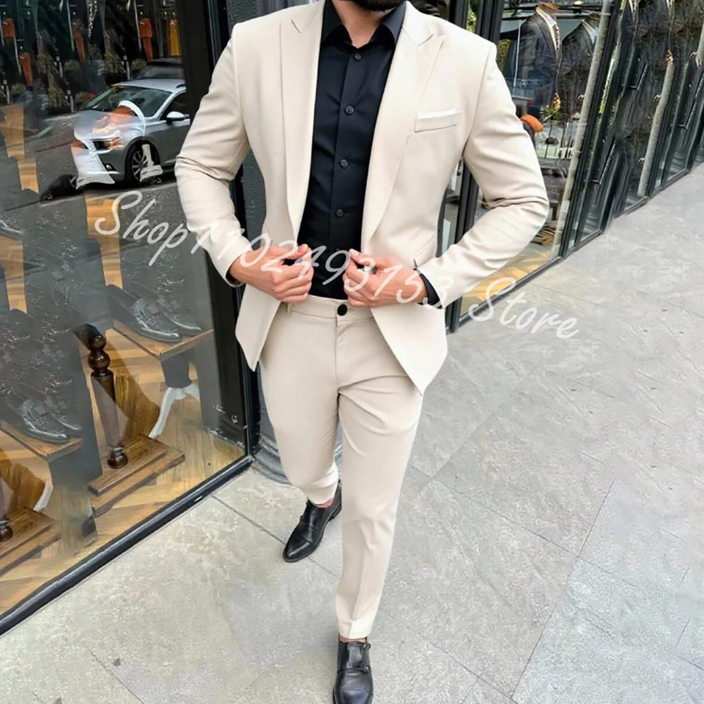 Trajes de boda de 2 piezas para hombre, moda Beige, chaqueta con una botonadura, pantalones, esmoquin para novio de negocios, traje para fiesta de graduación, boda