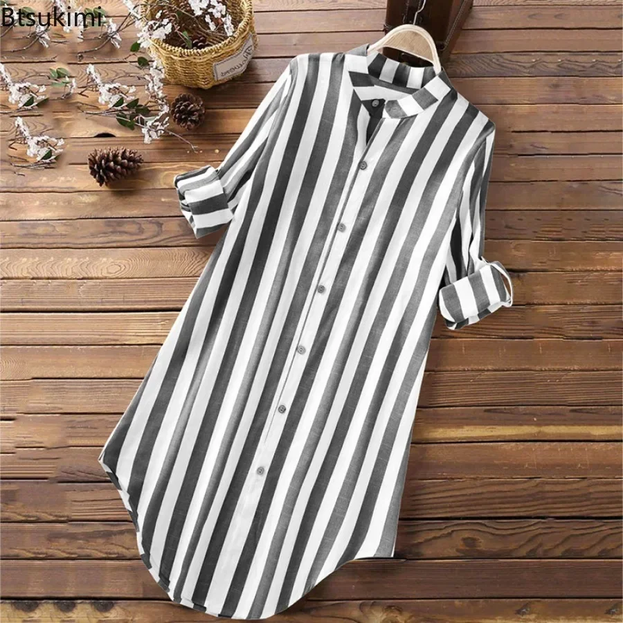 Spring New Women's Long-sleeved Cotton Linen Shirt Dress Fashion Stripe Print Loose Casual Button Blouse Ladies Mid-length Shirt