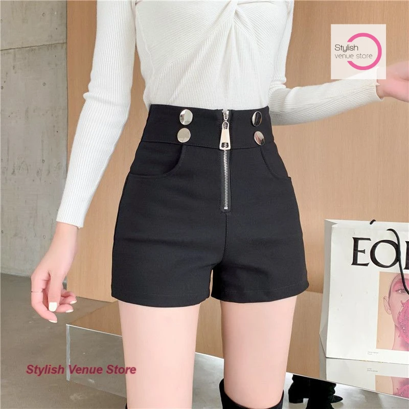 

Korean version of black shorts female summer new high waist zipper double-breasted loose wide legs slim casual Joker wear.