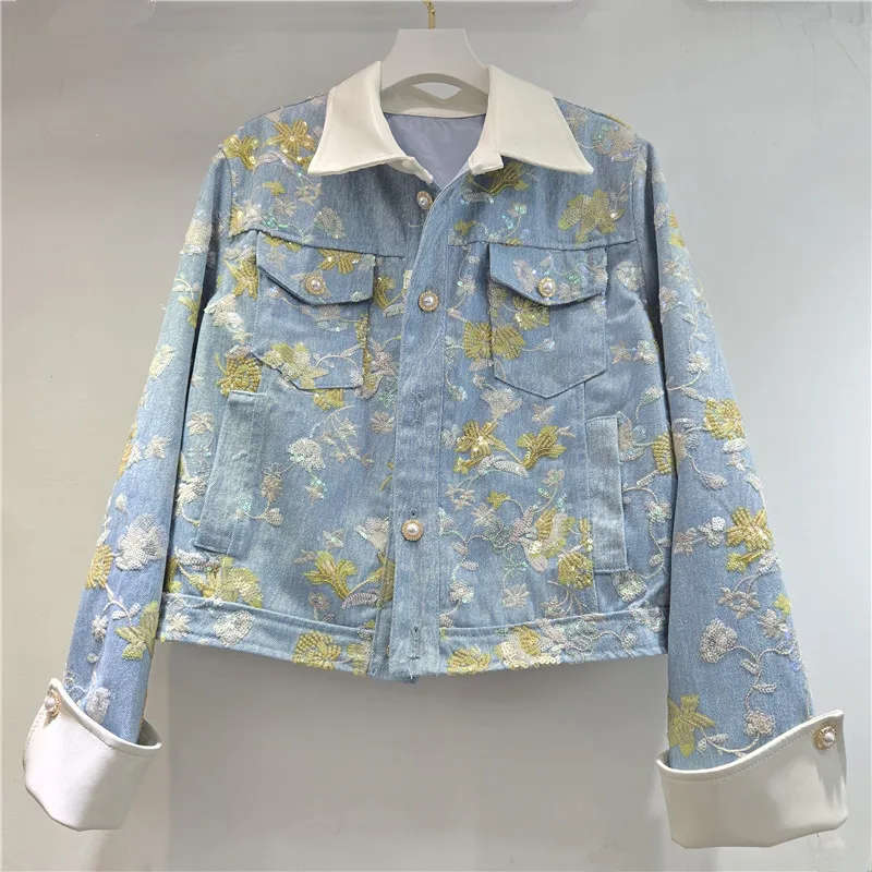 

WTHT модная женская джинсовая куртка контрастного цвета в стиле пэчворк с вышивкой и блестками 2026, весеннее пальто с длинными рукавами и лацканами, женское 1LS2837