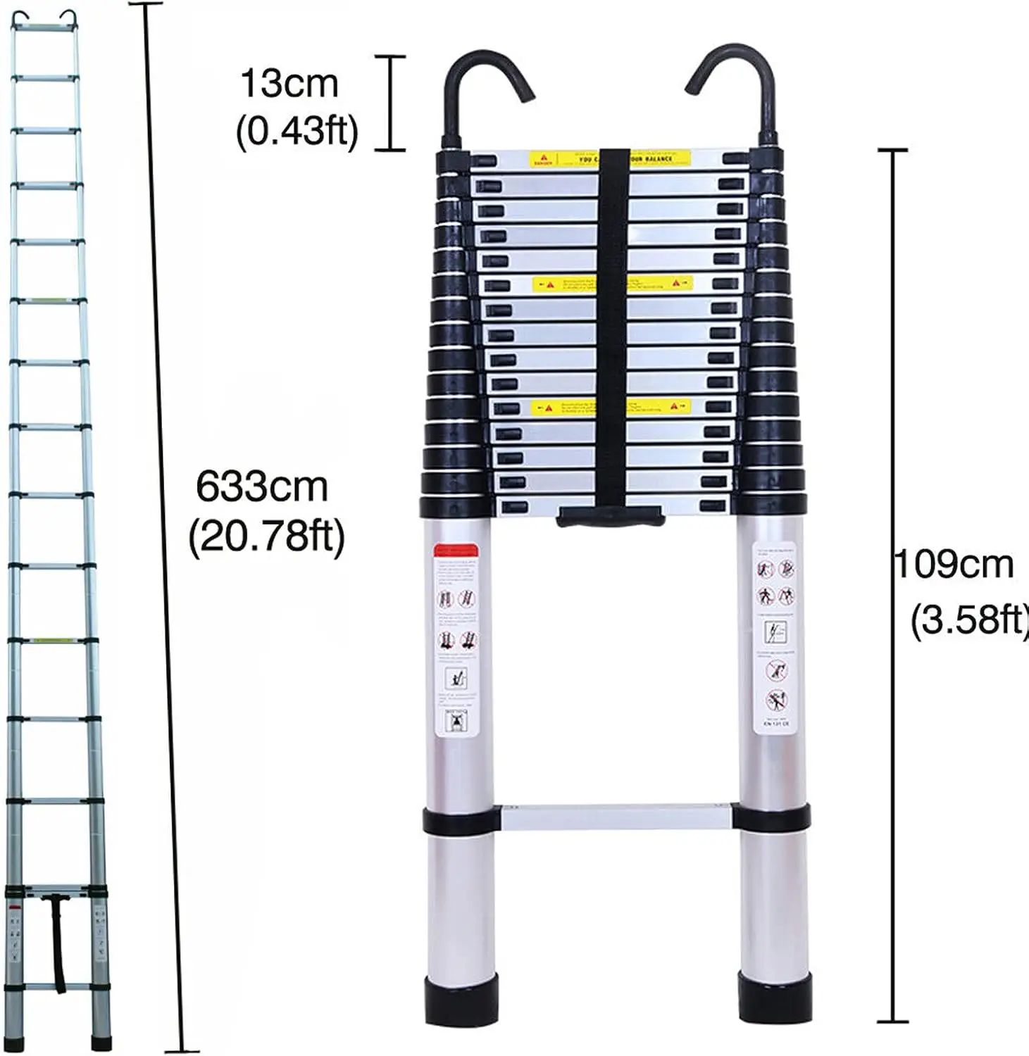 Ladder with Hooks, 20.3FT/ 6.2M Extendable Straight Ladder, Aluminium Extension Ladder Loft Ladder with