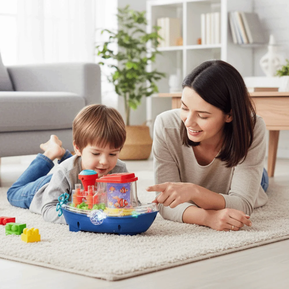 Plastikowy, przezroczysty pojazd podróżny z mechanizmem, dźwiękiem, światłem, elektryczny, ruchomy, łódź, muzyczny statek, zabawka edukacyjna dla przedszkolaków.