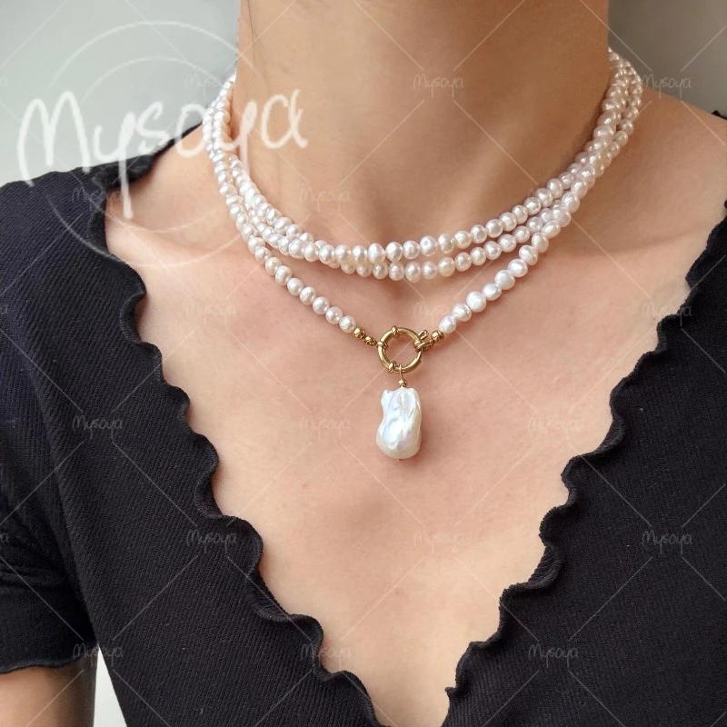 

MYSOYA 5-6mm & 12-14mm White Pearl Baroque Pendant Long Necklace for Mom/Girlfriend,for Wedding/Mother's Day/Birthday Gift A0536