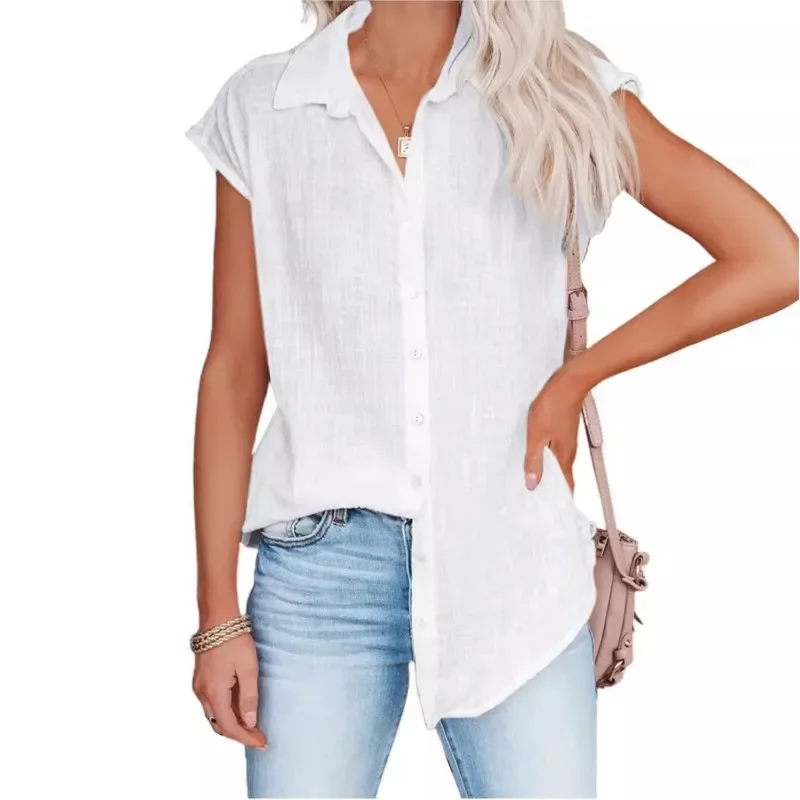 

Summer Single Breasted Lapel Shirt wpmen Sleeveless Loose Top 2025 Women Casual White Cardigan Blouse Femme Blusas