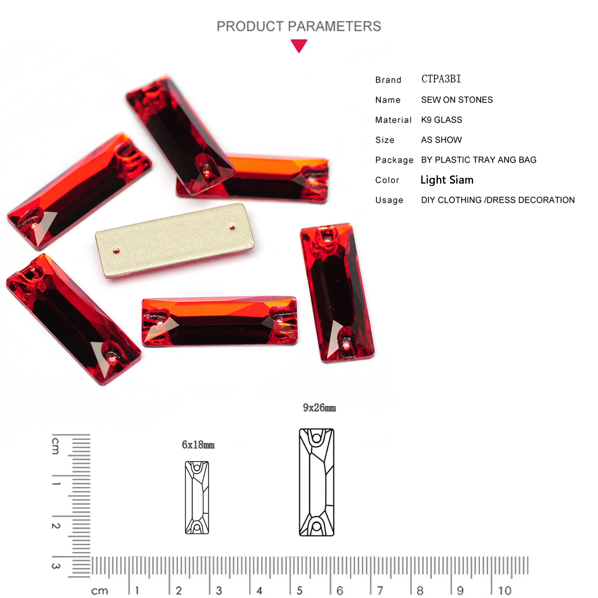 Lt. Siam Shiny Baguette Glass Flatback Crystal Sew On Rhinestones Crafts Glitter 3D Sewing Accessories For Design Decorations