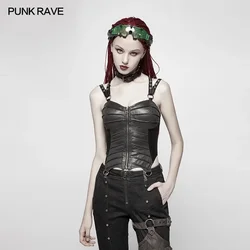 PUNK RAVE Gothic Women's Black Synthetic Leather Shoulder Straps Corset Top Punk Fashion Sexy Club Party Vest Summer Street Wear