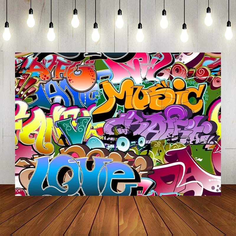 Graffiti Wall Photography Backdrop Fabric Themed Party Decorations Birthday Graffiti Music Hip Hop Background Banner