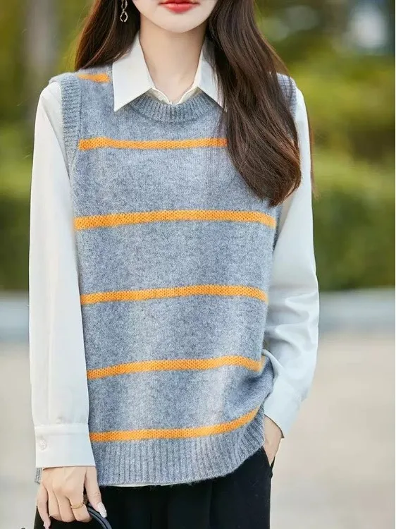 

Trendy Striped Svel Knitted Vest Women's Loose Outerwear Autumn Winter Small Size Casual Layering Sweater
