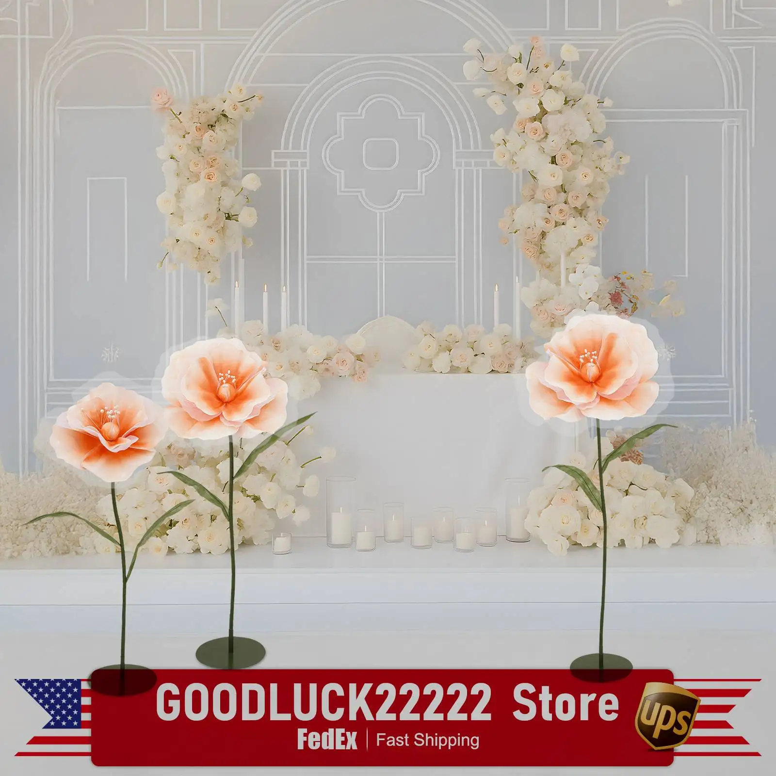 

Artificial Flowers, 3 Pcs Wedding Aisle Decor w/ Green Base, Light Orange Fake Flowers for Stage Ceremony Party Home Decoration