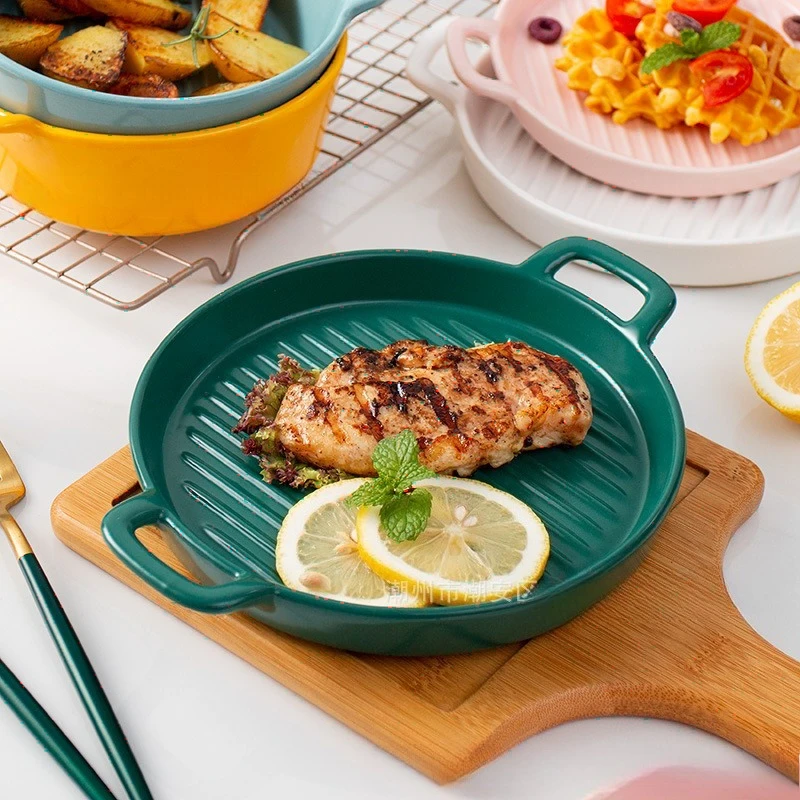 Factory Direct Compatible with Ceramic Binaural Round Bowls Tableware VegetableHousehold Pasta Food Plates Baking Baked Rice